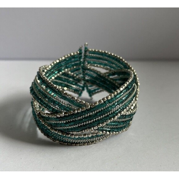Vintage Beaded Wide Cuff Bracelet Turquoise/Silver Stretch 1.5" Wide - Picture 1 of 6